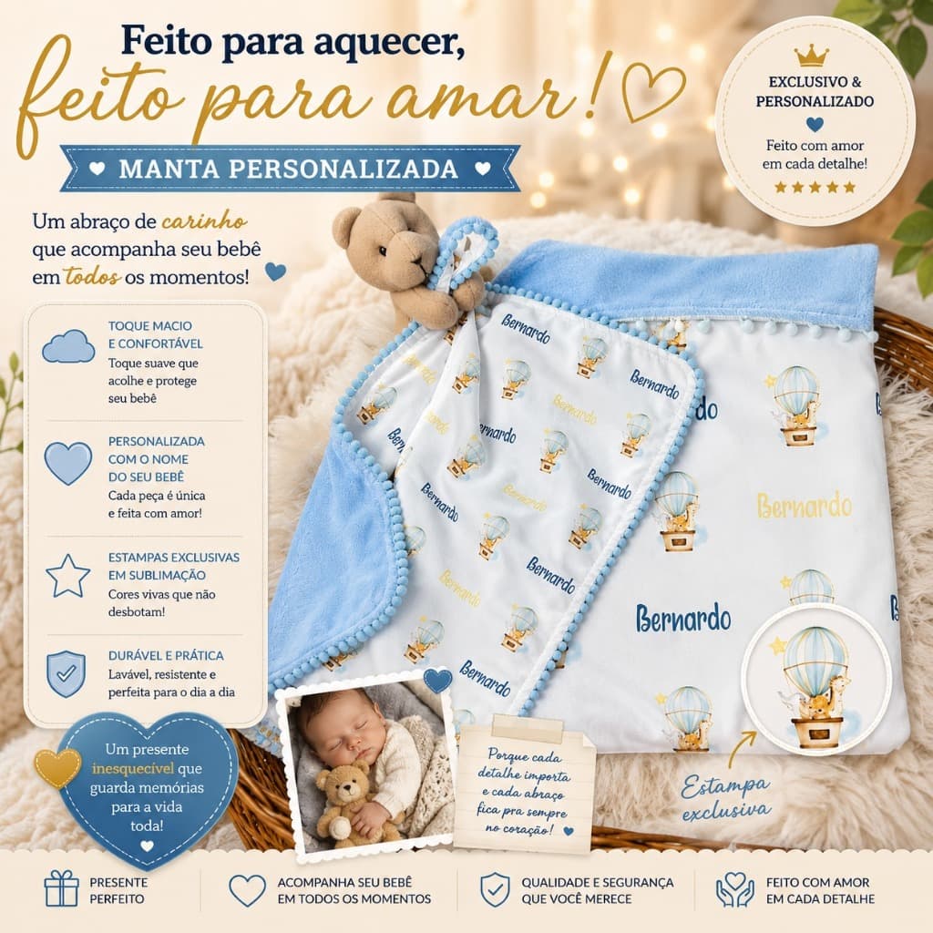 Manta, Naninha E Trio Paninho De Boca Personalizado Bebê