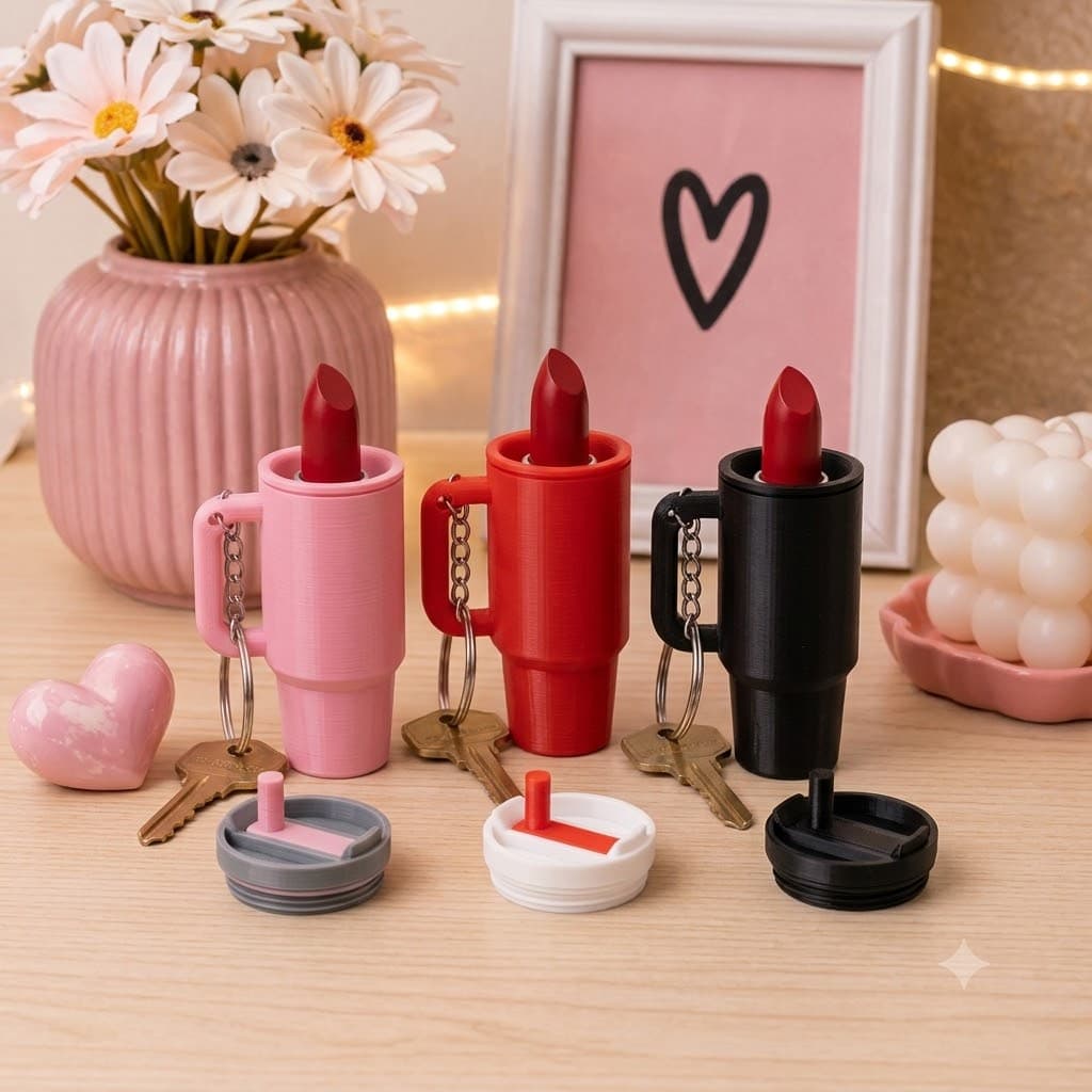 Chaveiro Porta-Batom Estilo Copo em Impressão 3D | Suporte Portátil Feminino