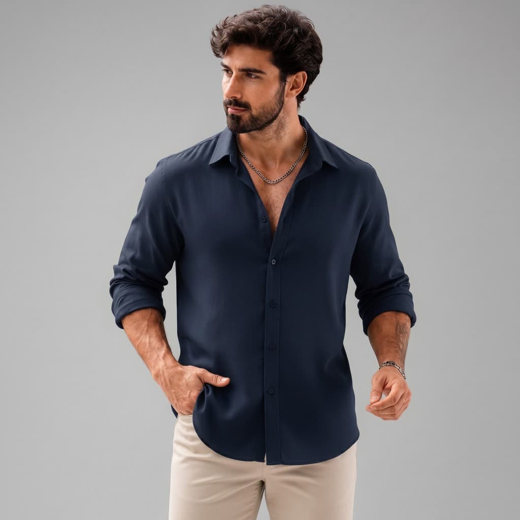 Camisa Social Masculina Manga Longa com Tecido Elástico Confortável