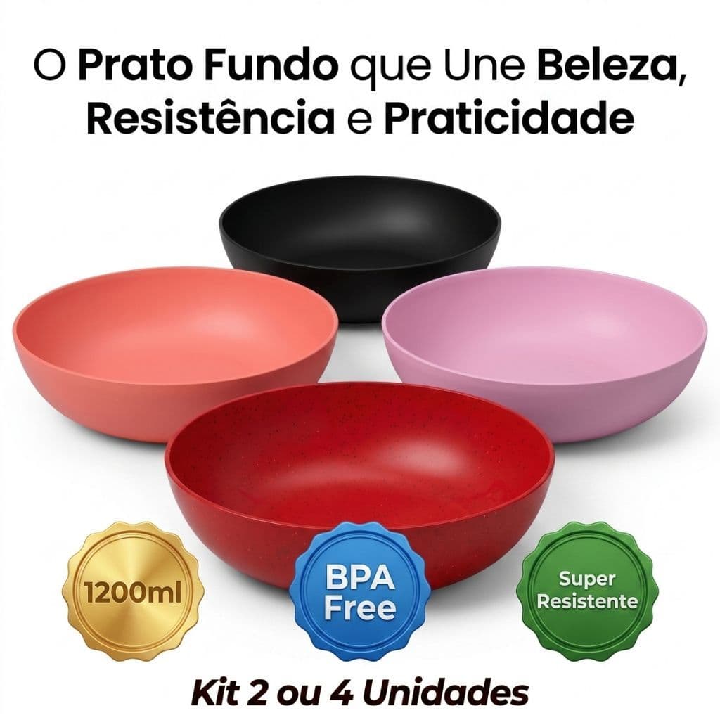 Kit Prato Fundo 1200ml Helsim Colours | 2 ou 4 Unidades | Grande, Resistente, BPA Free