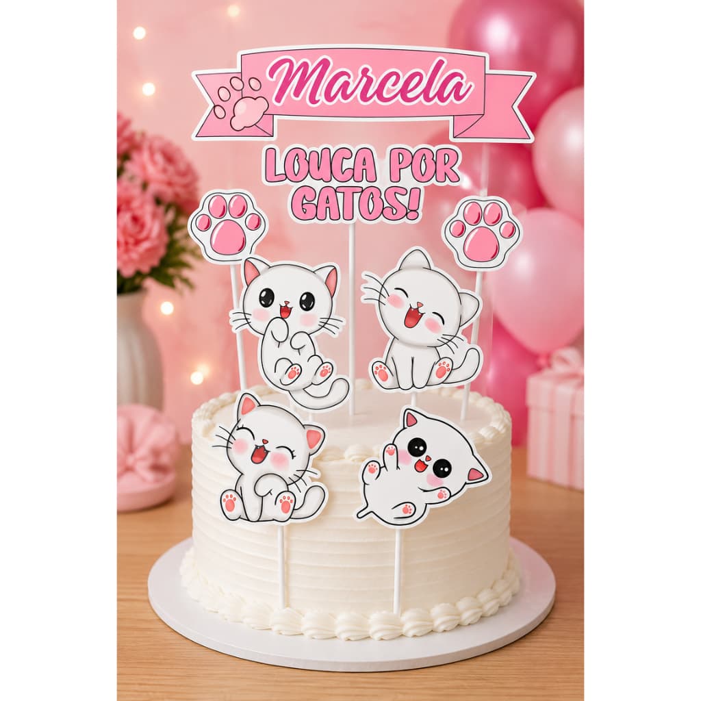 Topo Topper De Bolo Gatinho Rosa Personalizado Personalizado com nome e idade ENVIO RÁPIDO