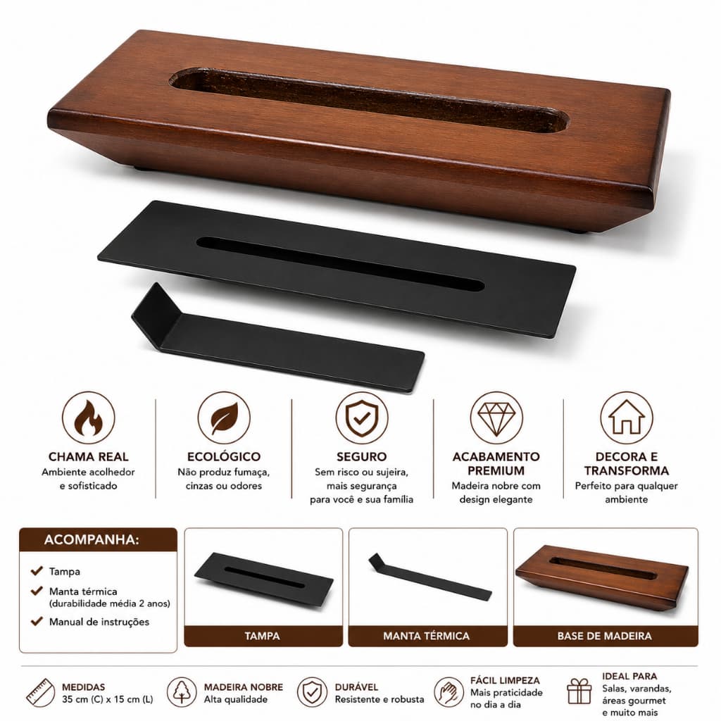 Lareira Ecológica de Mesa em Madeira com Borda Premium e Queimador a Álcool 35x15 cm