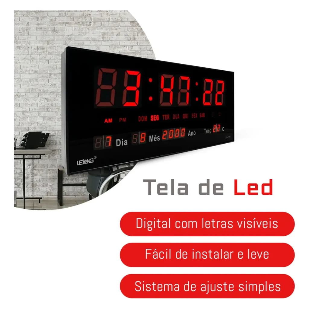 Relógio De Parede Digital Números Grande Led Data Termômetro Calendário Dias da Semana Alarme Programável Bivolt