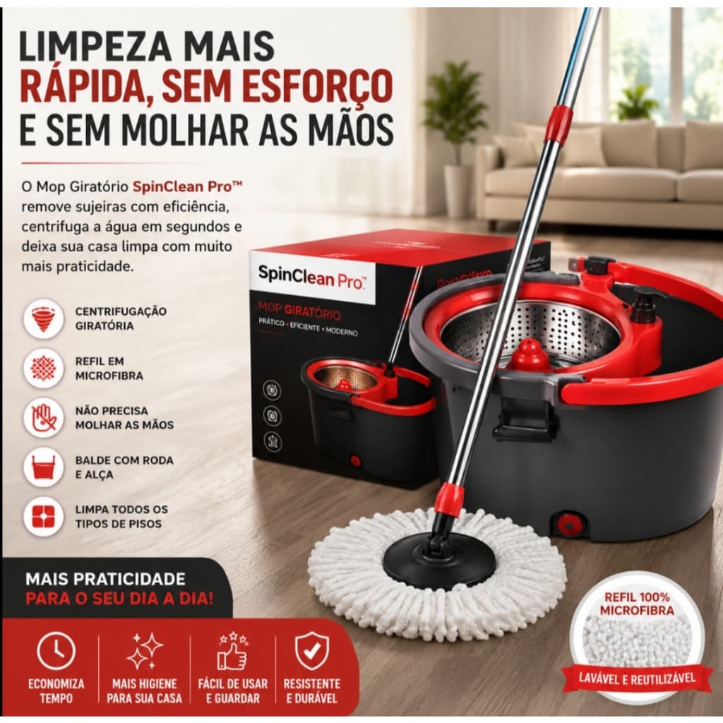 Mop Giratório Profissional Balde 13L Com Centrífuga Refil Microfibra Lavável SpinClean Pro™