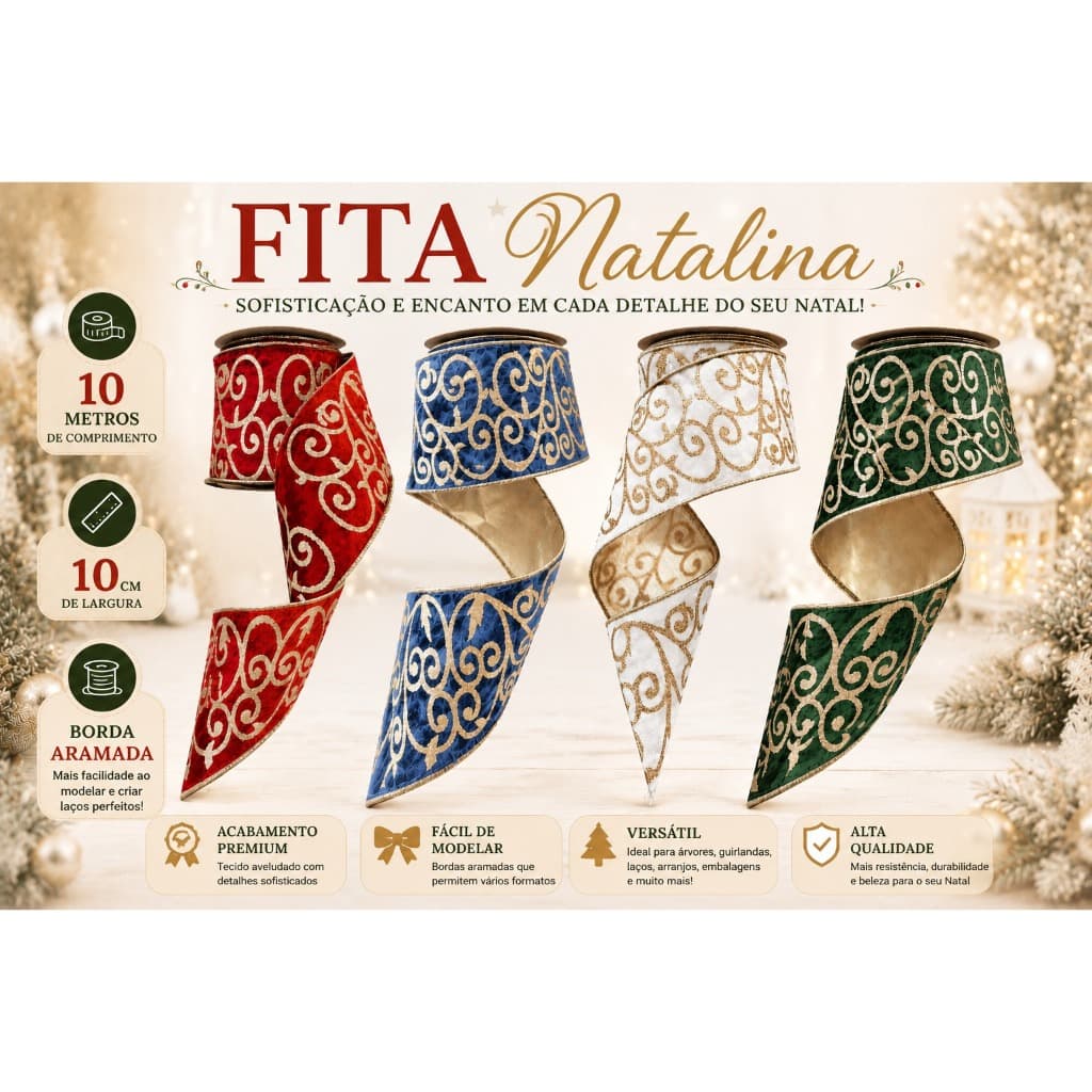 Fita Natalina Aveludada Decorativa 10 Metros com Bordas Aramadas Premium