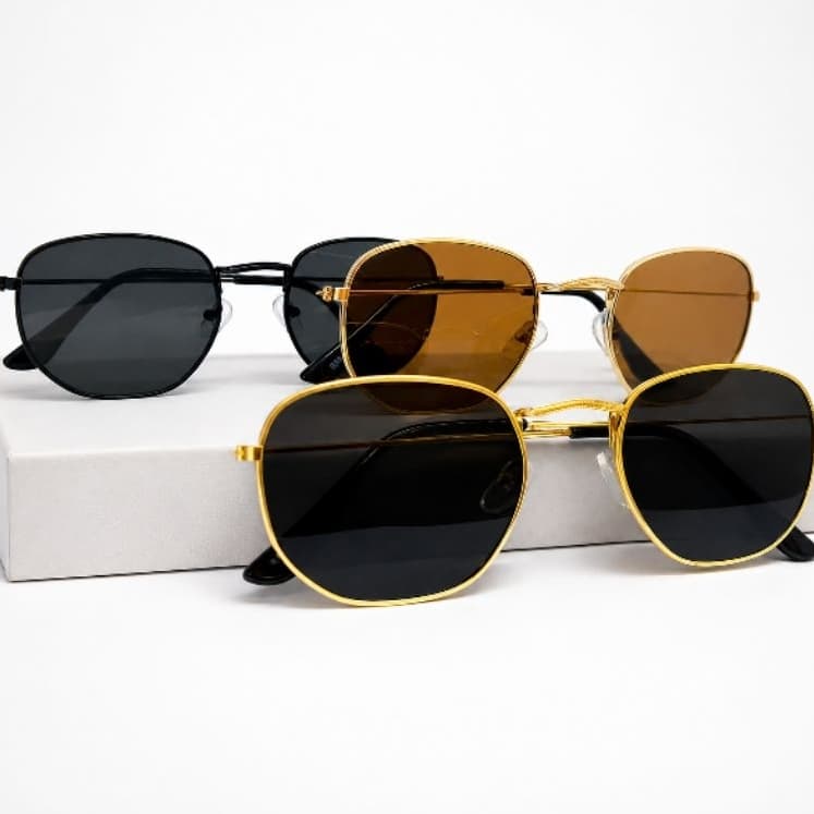 Óculos de Sol Hexagonal Feminino e Masculino com Lente Escura UV 400 e Armação Metal