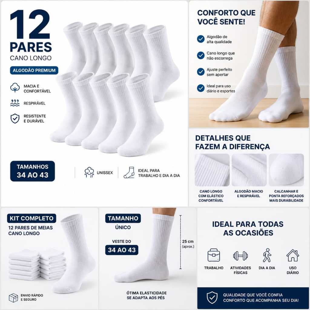 Kit 12 Pares Meias Cano Longo Algodão Unissex Confortável Branca Preta 34 ao 43