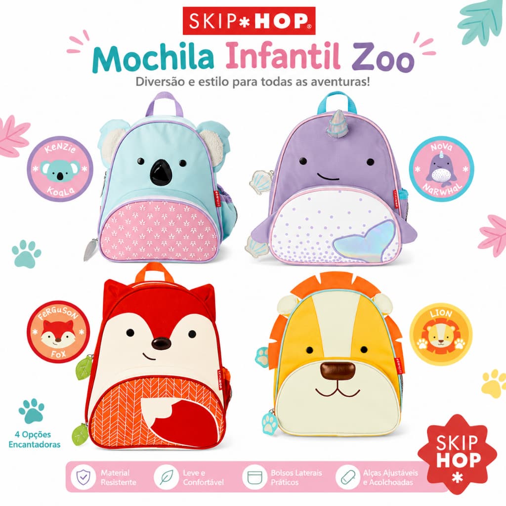 Mochila Infantil Zoo Skip Hop Koala, Baleia, Raposa e Leão, Nova Original.