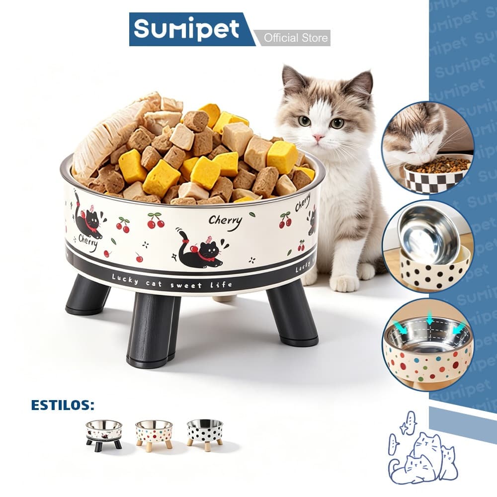 Comedouro Elevado Pet com Tigela Inox Removível Antiderrapante para Gatos e Cães Pequenos 14cm