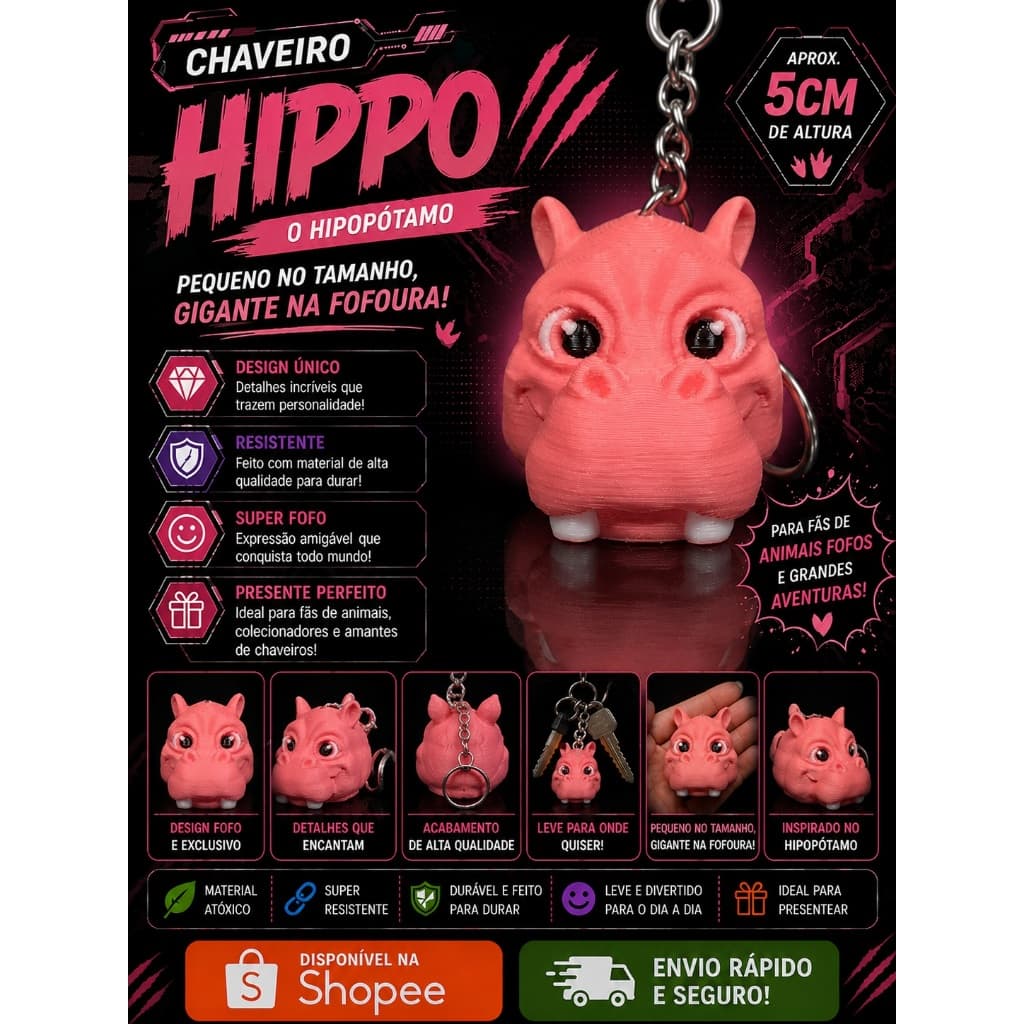 🦛 Chaveiro Hippo | Hipopótamo | Impressão 3D em PLA | Fofo, Leve e Cheio de Personalidade