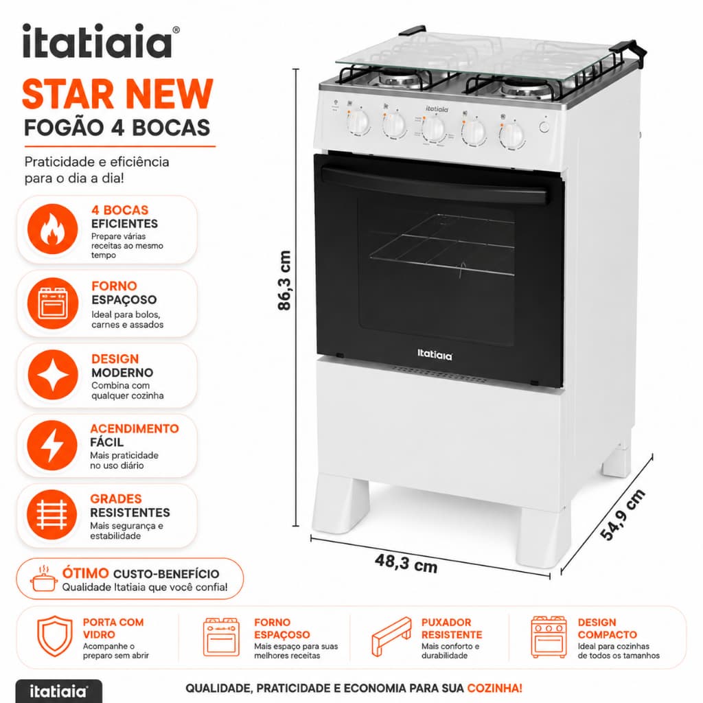 Fogão 4 Bocas Itatiaia Star New Porta de Vidro Branco Alta Qualidade e Economia