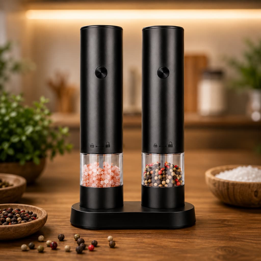 Conjunto Moedores Elétricos Sal Pimenta Automático Ajustável Temperos Moagem Fina e Grossa Cozinha