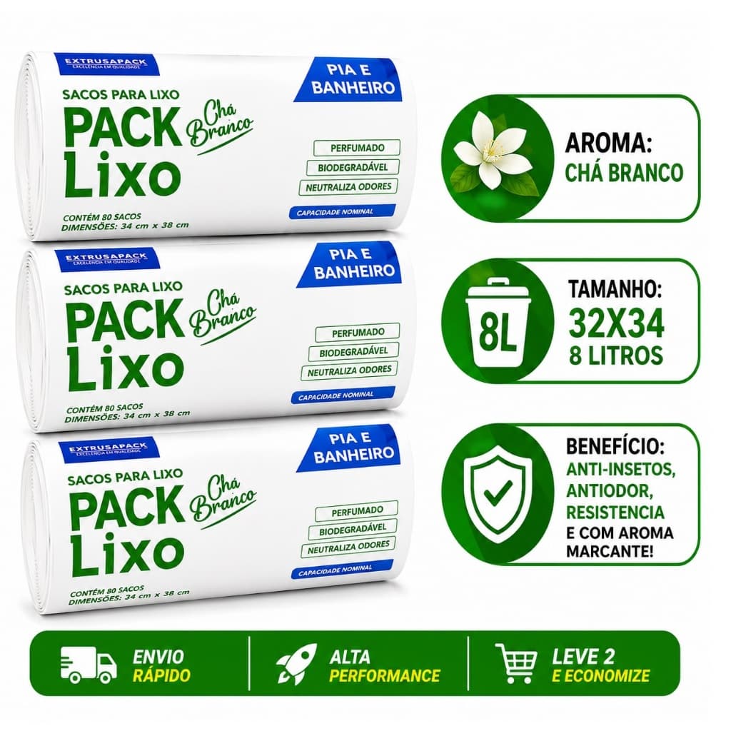 Saco Lixo Perfumado Chá-Branco 8L 34X38cm Anti Odor Neutraliza Odores Pia Banheiro Reforçado 80Un