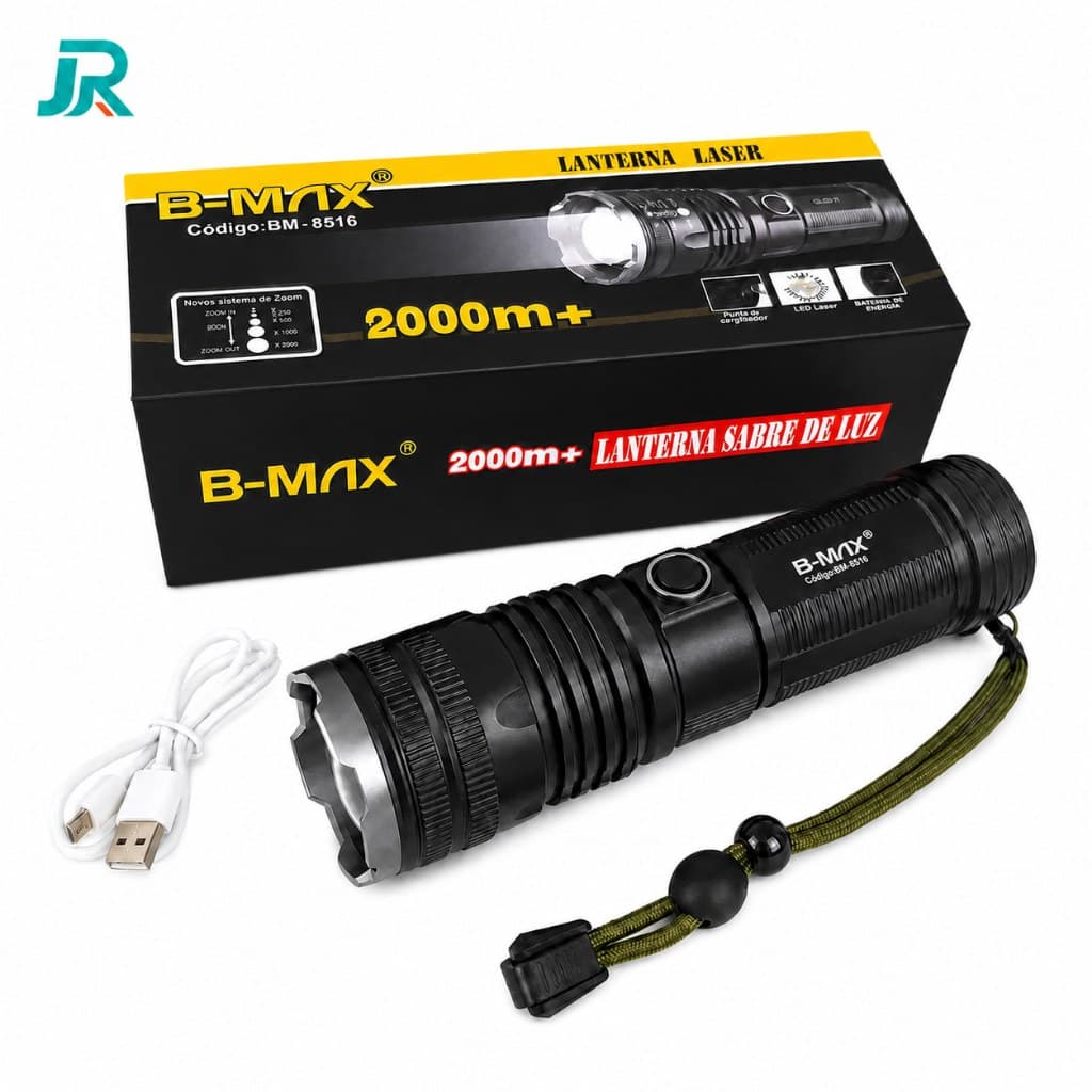 Lanterna Laser LED Tática Militar Super Potente 2km Recarregável USB Zoom B-MAX BM-8516 Camping 5 Modos