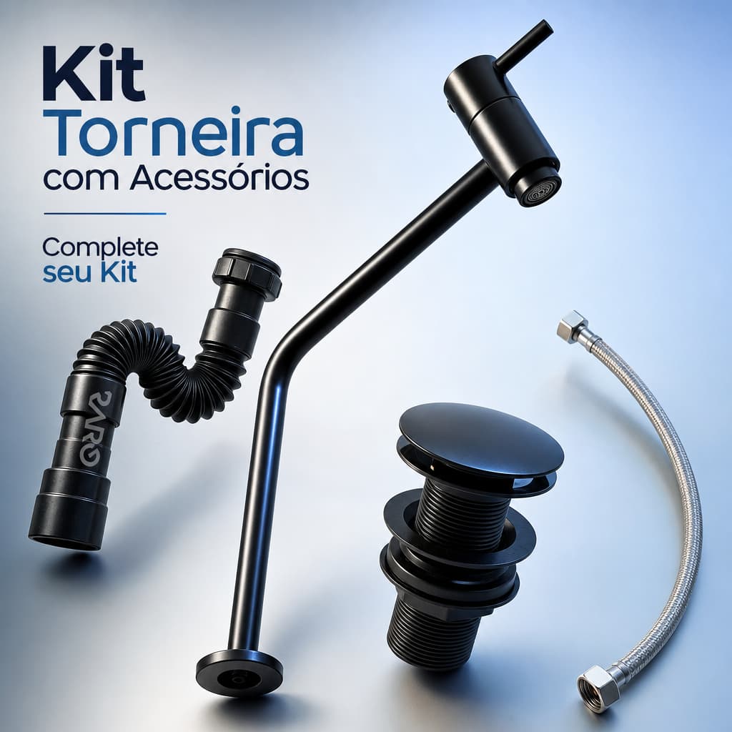 Kit Banheiro Torneira Metal Link Alta Preta + Valvula Click + Sifao+ Engate Inox - Super Luxo