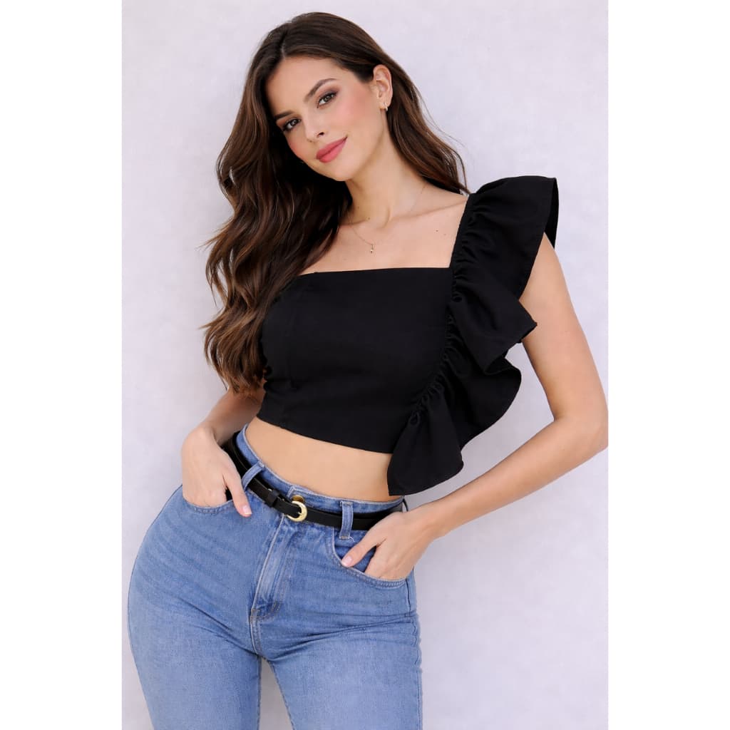 Cropped Femenino Festa Luxo - Modelo Floral, Laco e Babado | Tamanho Unico | Ideal para Natal e Ano Novo