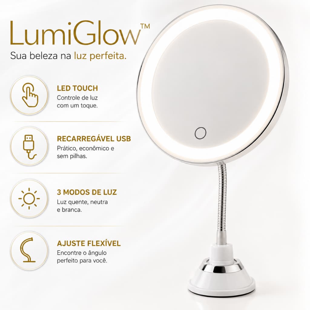 LumiGlow™ Espelho de Mesa LED Touch Recarregável USB 3 Luzes para Maquiagem
