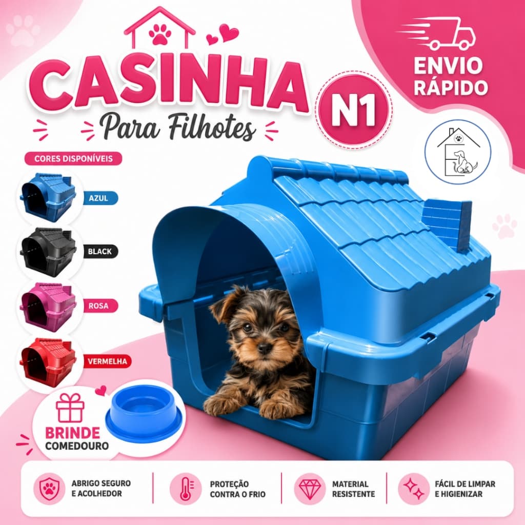 CASINHA CACHORRO RINOPET N1 PARA FILHOTES PORTE MINI CÃES GATOS RESISTENTE LAVÁVEL + COMEDOURO
