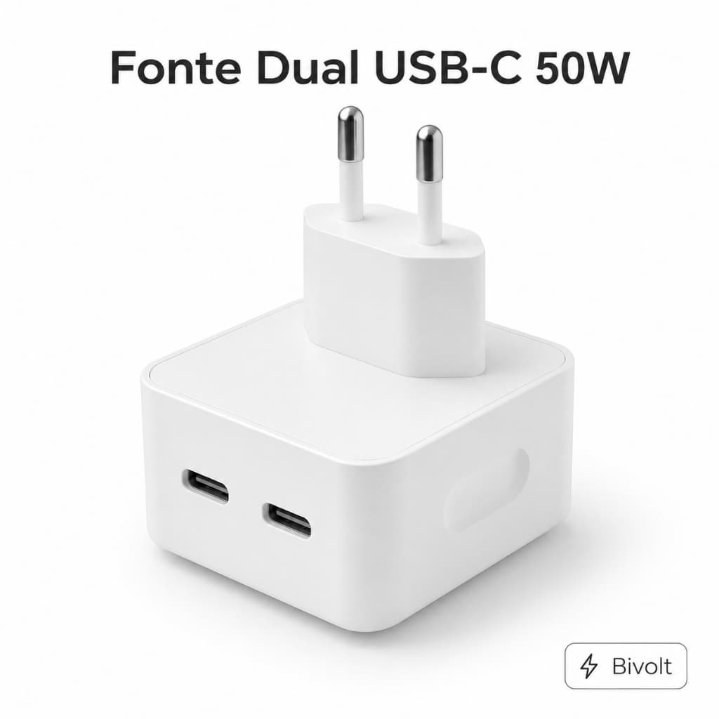 Carregador FONTE Usb C Duplo 50W Para iPhone Tomada 2 Entradas Usb-c