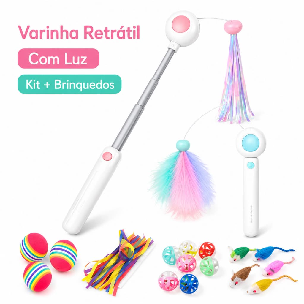 Kit Varinha Retrátil para Gatos com Luz Interativa 2 Ponteiras e 5 10 ou 20 Brinquedos Sortidos