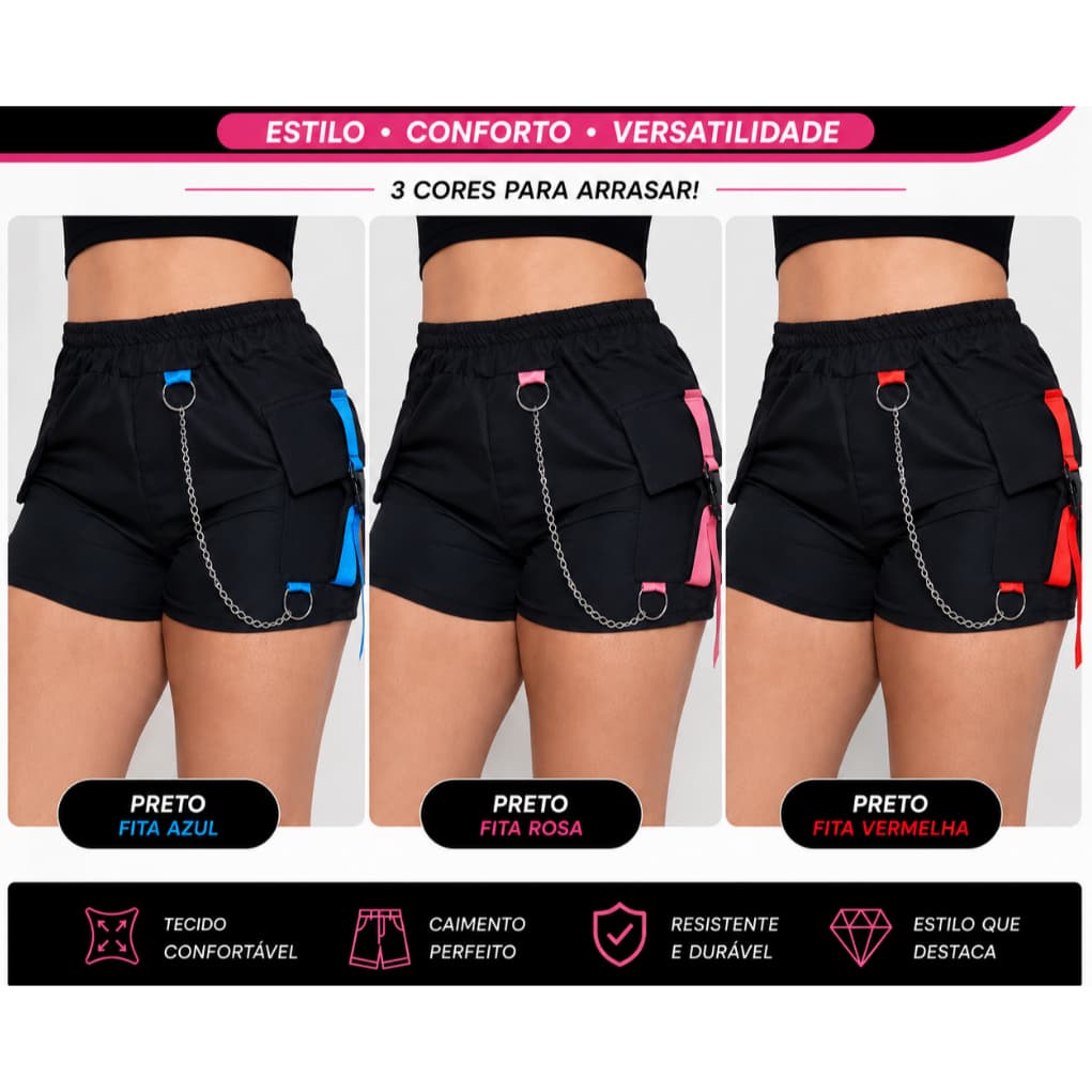 Shortinho Feminino  Alice Tactel Com Bolso Cargo e Faixa Coloridas e Corrente