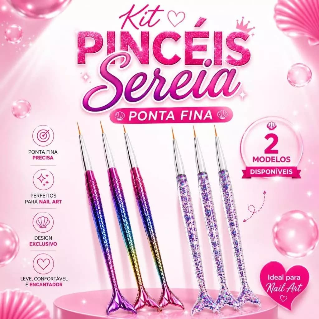 Kit 3 Pincéis Sereia Ponta Fina Nail Art Francesinha Unhas Gel Acrigel Fibra K&S