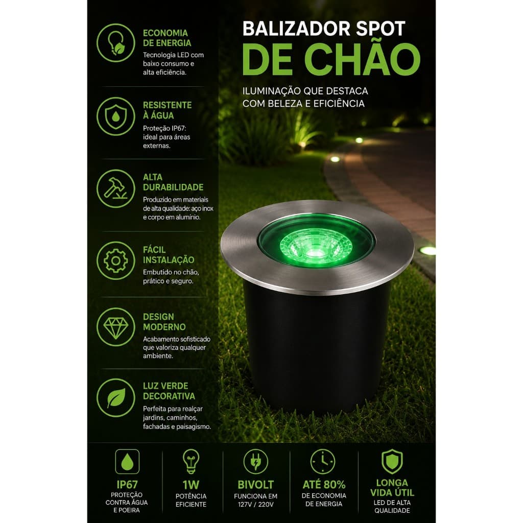 Kit Balizador de Chão Luminária Verde IP67 Mayler Iluminação Jardim 1W
