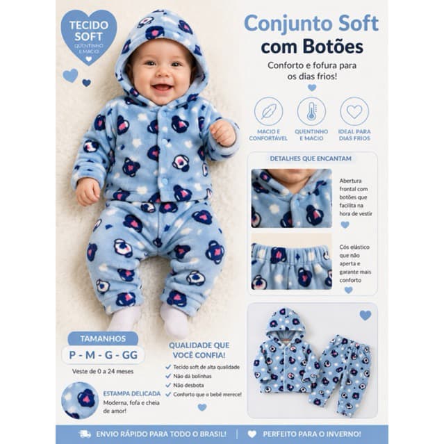 Conjunto Infantil  Soft Fleece Com Capuz Menino Menina Confortável Quentinho Roupa de Frio Bebê P M G