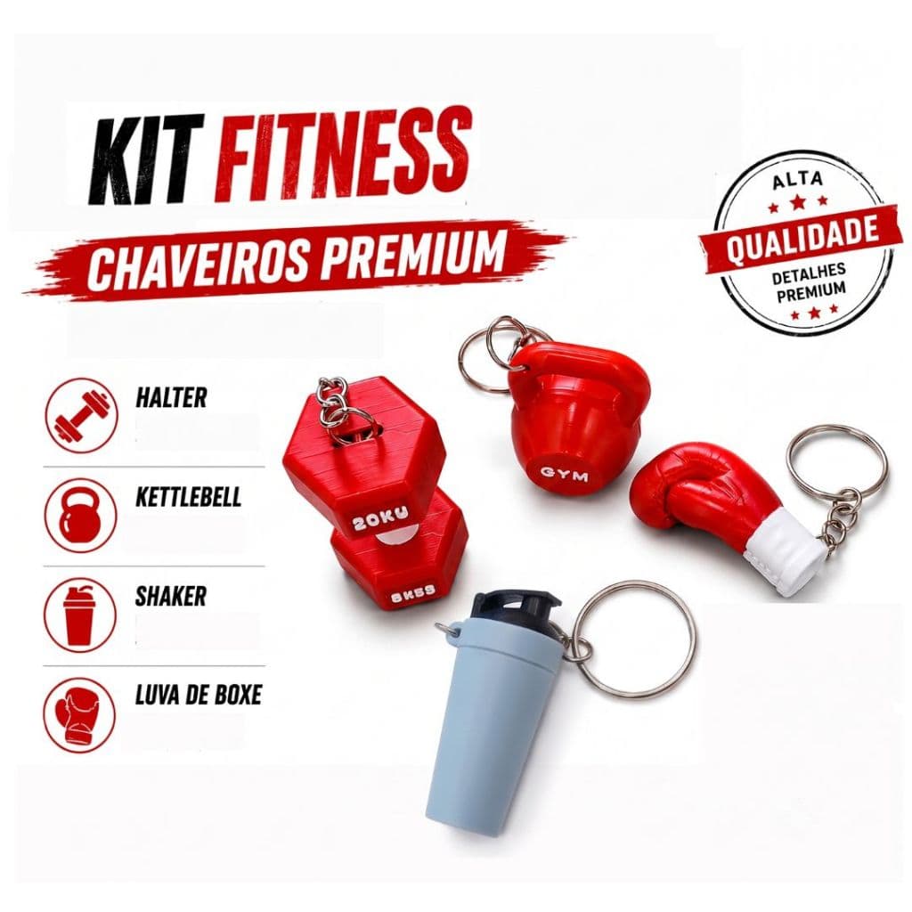 Kit Chaveiros Treino - Luva de boxe, halter, kettlebell e shaker