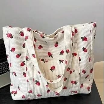 Bolsa Tote Bag Feminina Estampa Morango Grande de Ombro Lona Canelada Casual Vintage