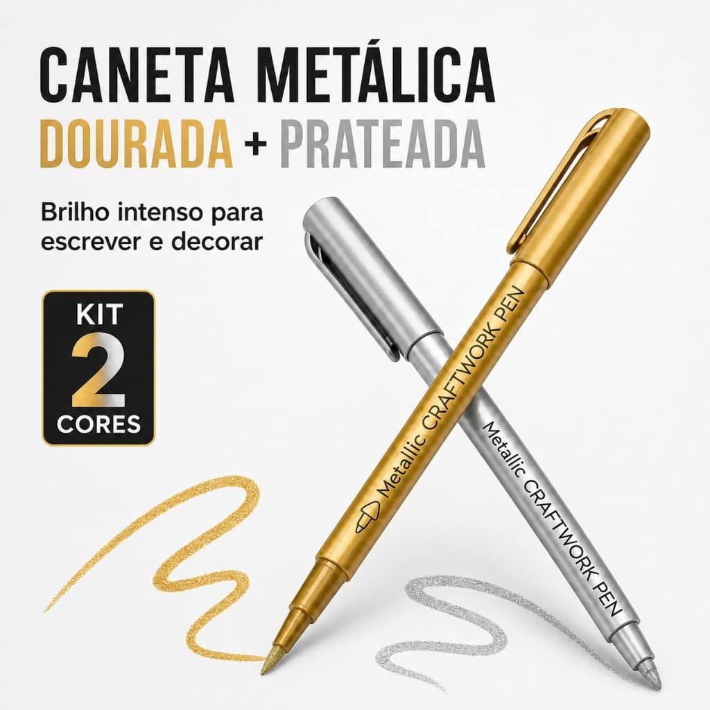 Caneta Metálica Dourada e Prateada Ponta Fina 1,5mm para Lettering, Papel Preto e Artesanato