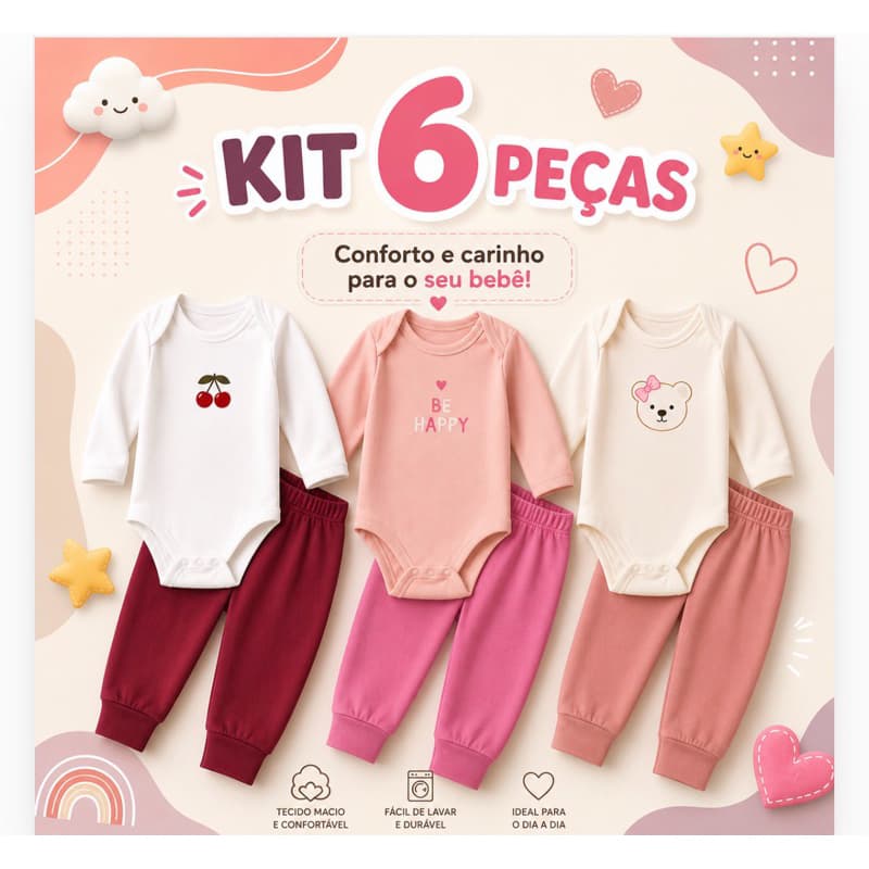 Kit Minimalista 6 Peças Body Bebê Manga Longa e Calça Menina – Tamanhos RN ao GG