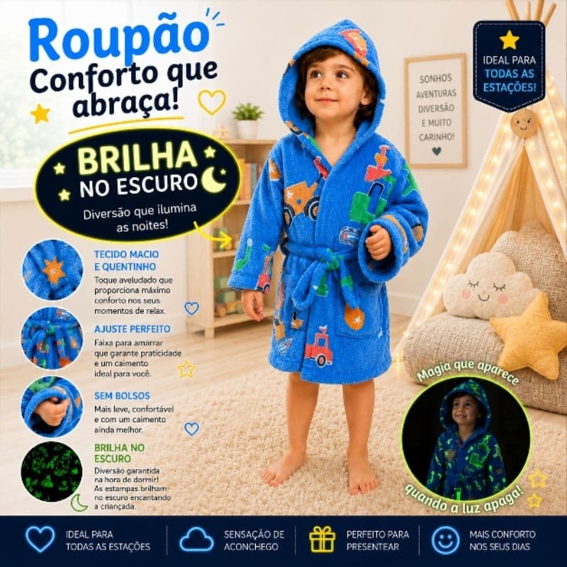 Roupão Infantil Microfibra com estampas que brilha no escuro