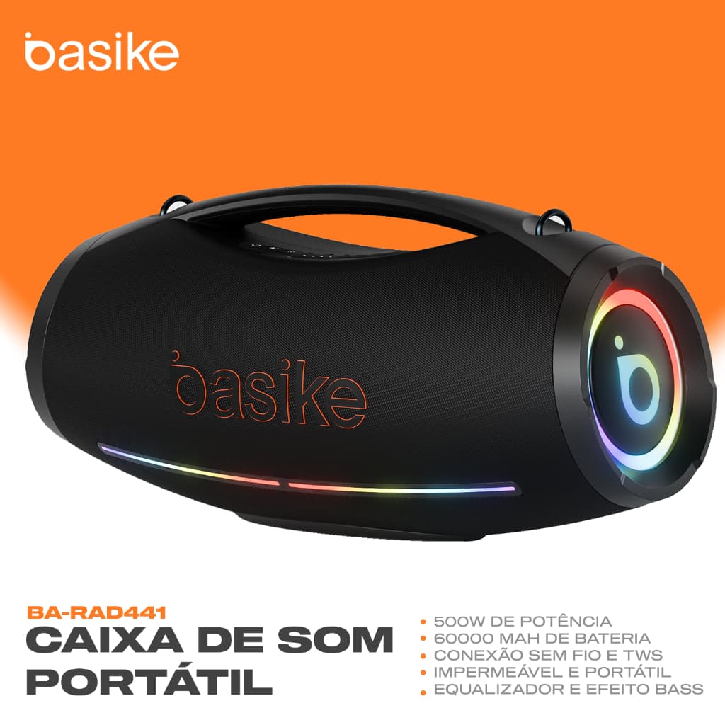 Caixa de Som Bluetooth Basike 500W Boombox DSP Grave Forte 60000mAh IPX6 À Prova D'água RGB TWS