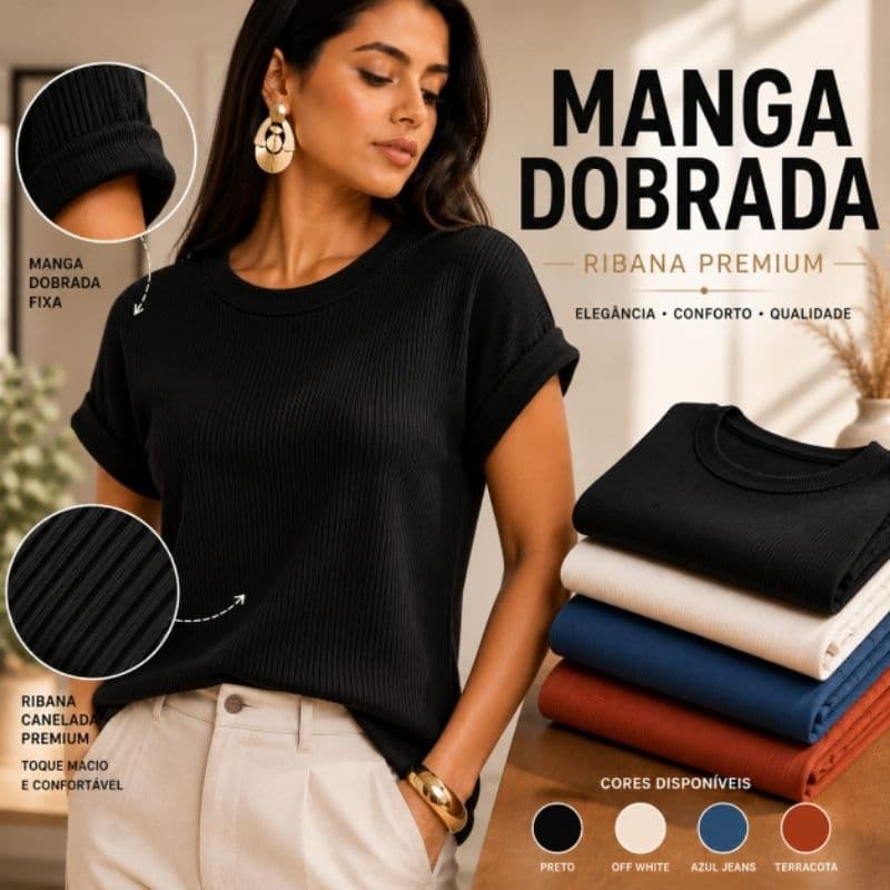 Blusa Feminina Camiseta T Shirt Ribana Canelada Premium Manga Curta Básica Casual Confortável com Elastano