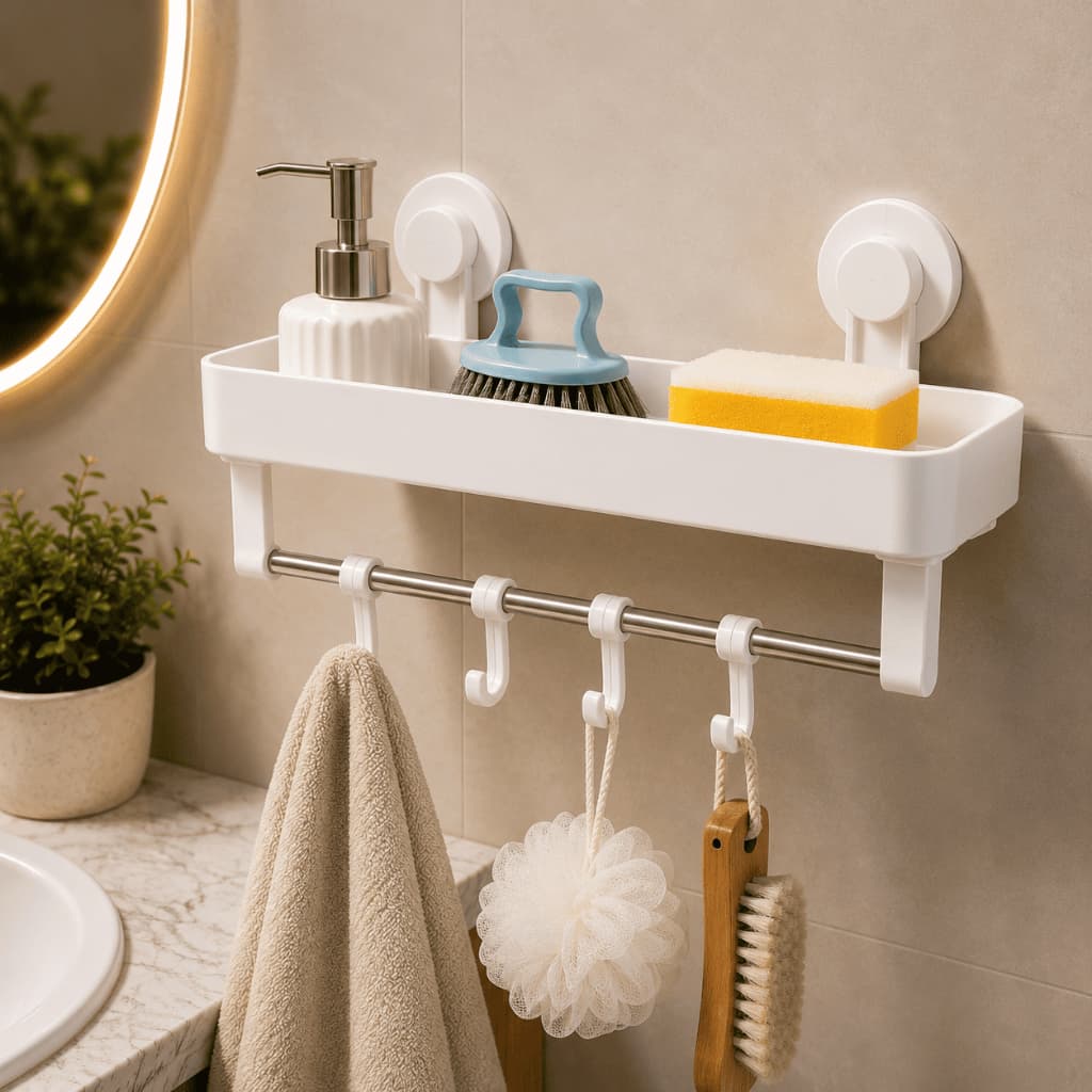 Suporte Multiuso Banheiro com Ganchos Branco Organizador de Parede Sem Furos Até 4kg