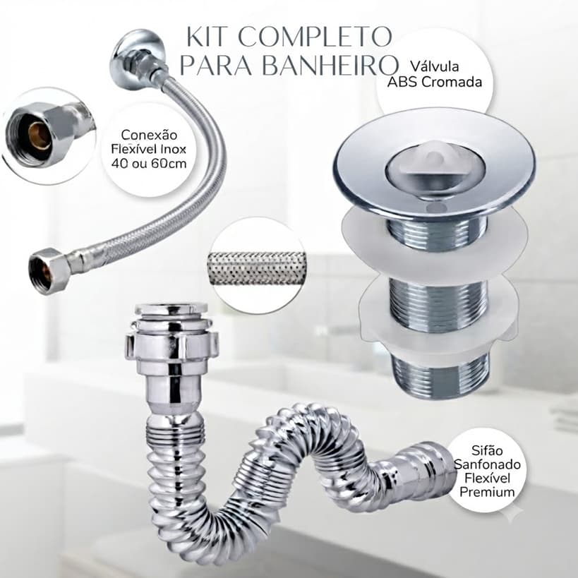Kit Sifão Sanfonado + Engate Flexível 40cm ou 60cm + Válvula Lavatório ABS Cromado