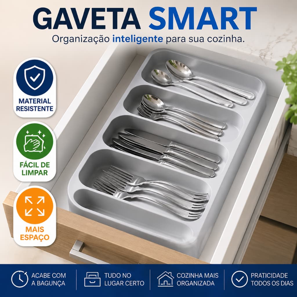 Organizador de Talheres para Gaveta Cozinha Porta Talheres Compacto Divisórias Plástico Resistente GavetaSmart
