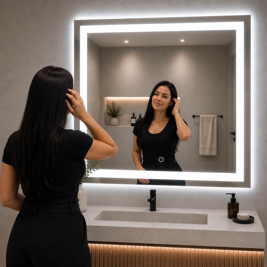 Espelho LED Quadrado Touch Jateado Lapidado 3 Tons Dimerizável Bivolt Decorativo