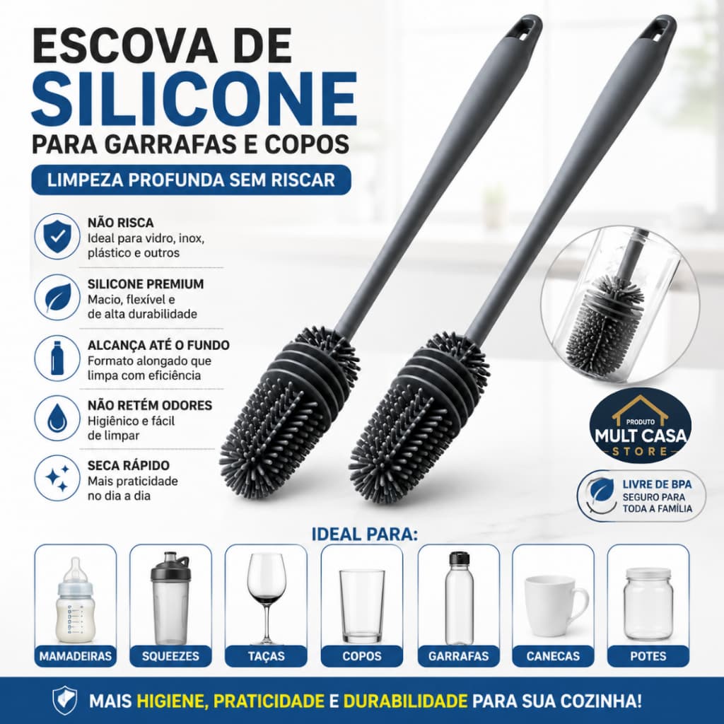 Escova Silicone Premium para Limpeza de Mamadeiras e Garrafas, Copos e Squeezes