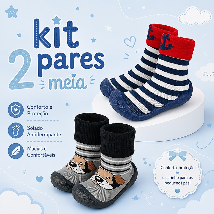 Kit 2 Pares Meia Sola Infantil Antiderrapante Menino Leve Macio Confortável Primeiros Passos
