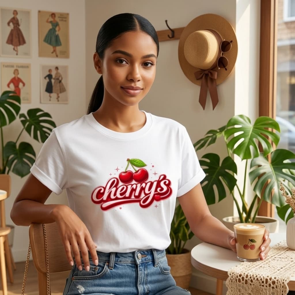 Camiseta feminina com estampa de cerejas, lançamento recente, 100% algodão.
