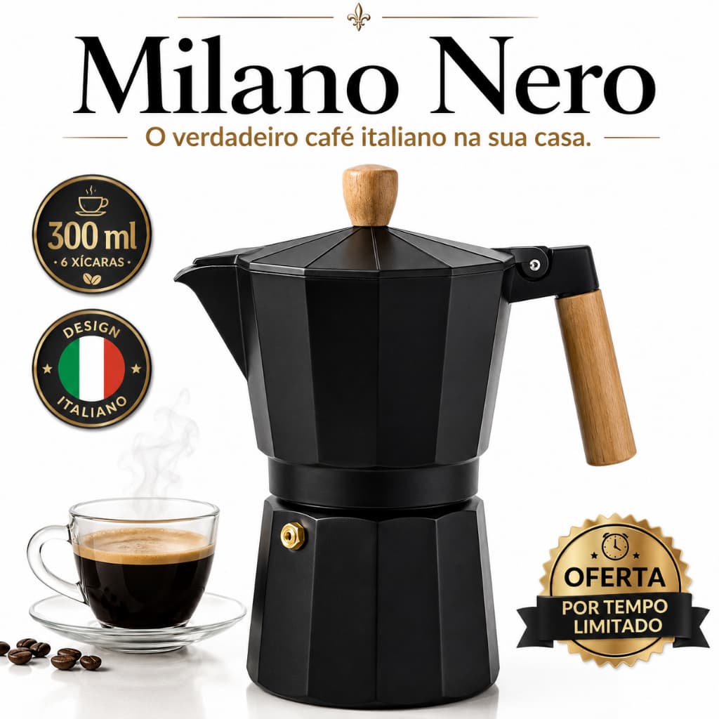 Cafeteira Italiana Milano Nero 300ml 6 Xícaras Moka Alumínio Café Expresso Fogão Gás e Elétrico