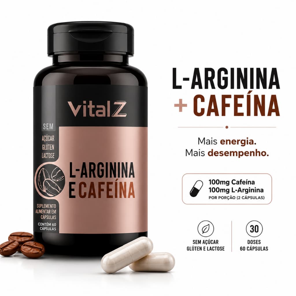 L-Arginina + Cafeína 60 Cápsulas  VitalZ Sem Glúten Zero Açúcar