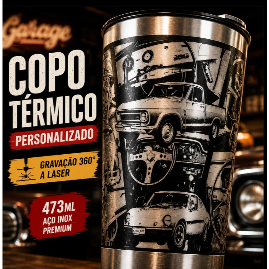 Copo Térmico Personalizado 473ml Gravação a Laser 360 Grau, Carros Antigos, Fusca, Opala, C10, Maverik, Chevette, Kombi