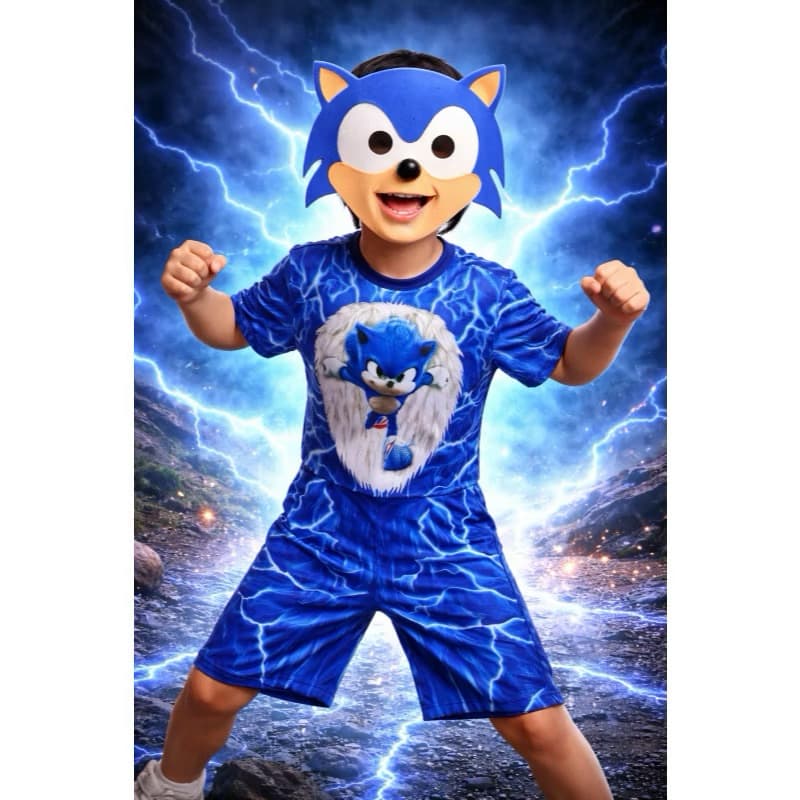 Roupa macacão infantil Sonic + máscara Eva