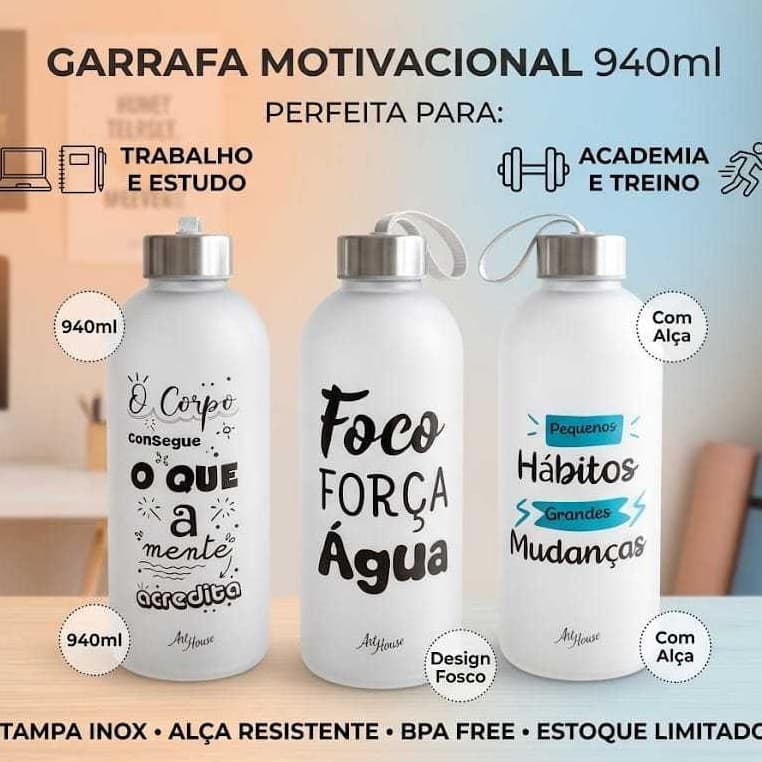 Garrafa Frases Motivacional 940ml Tampa Inox Com Alça Fosca Academia Trabalho