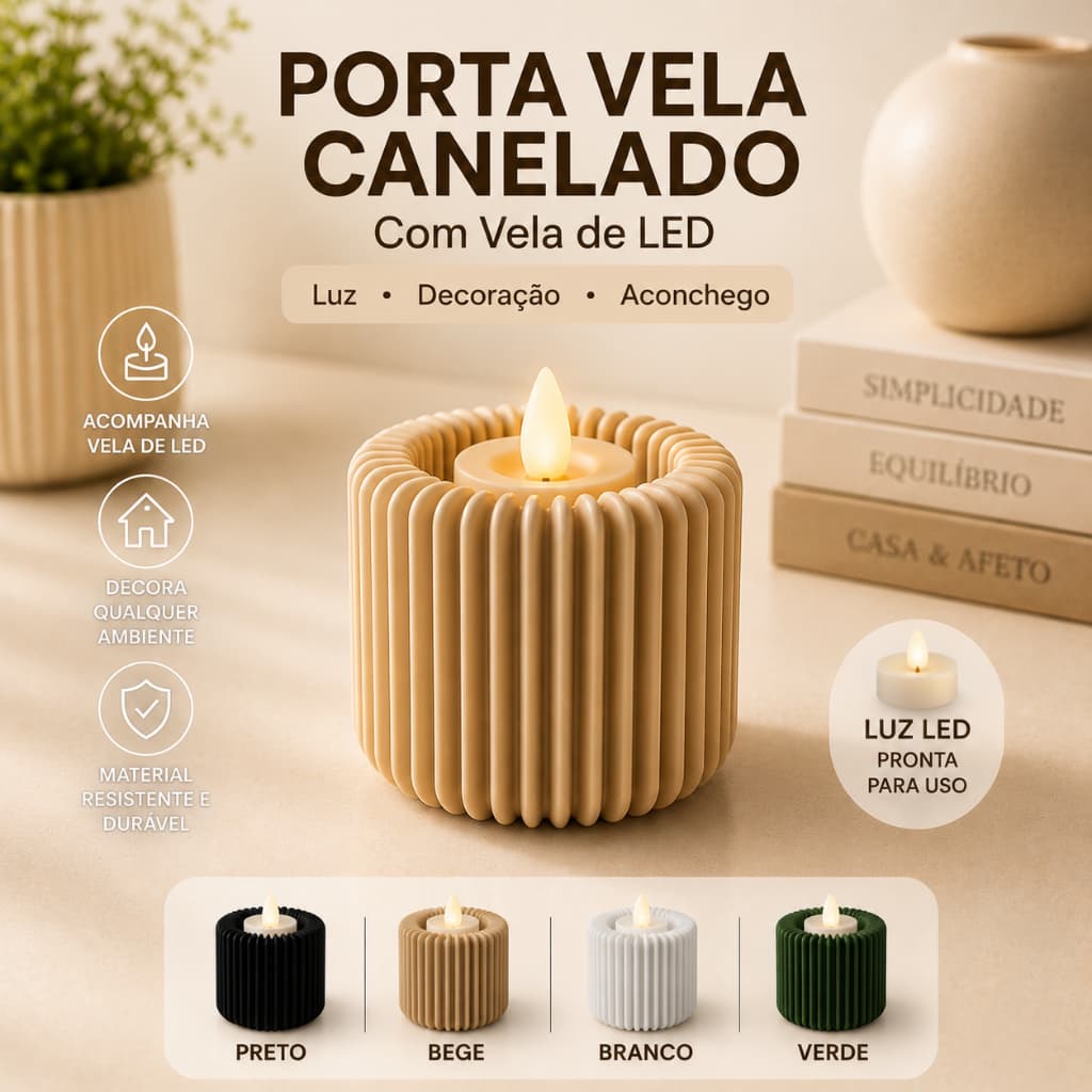 Porta Vela Decorativo Canelado com Vela LED | Decoração Minimalista | Sala | Quarto | Mesa Posta | Presente