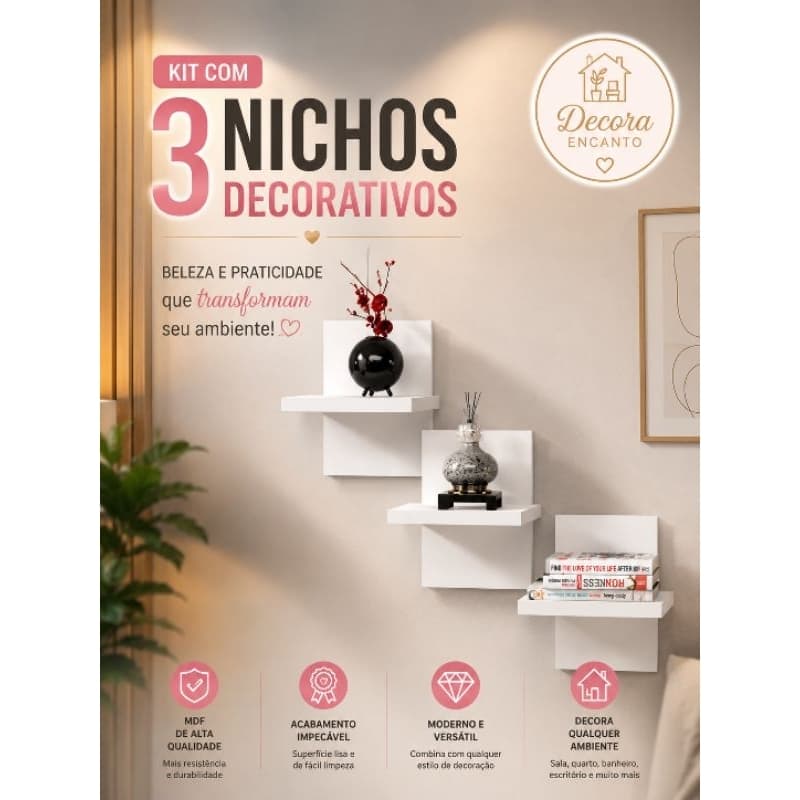 Kit 3 Nichos Decorativos MDF 20x20 Branco Prateleira de Parede Sala Quarto Banheiro Decoração