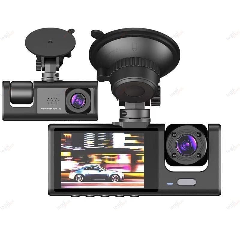 Câmera Veicular Full HD 1080p 3 Lentes (Frontal + Interna + Traseira) com Tela LCD | DVR Automotivo com Visão Noturna